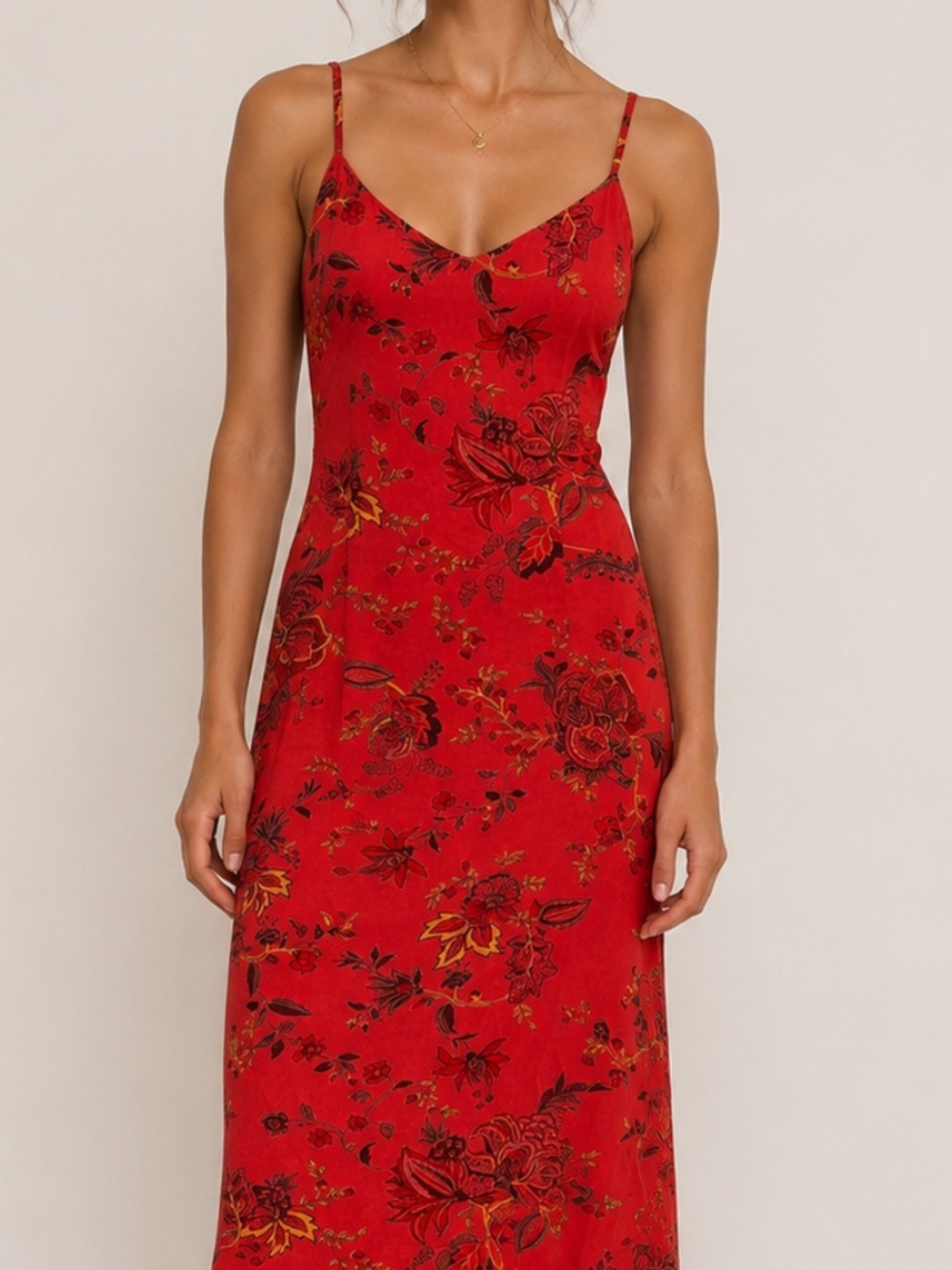 Vintage Y2K Tristan & Iseut Red Floral Slip Midi Dress Bias Cut Cottagecore sz 1